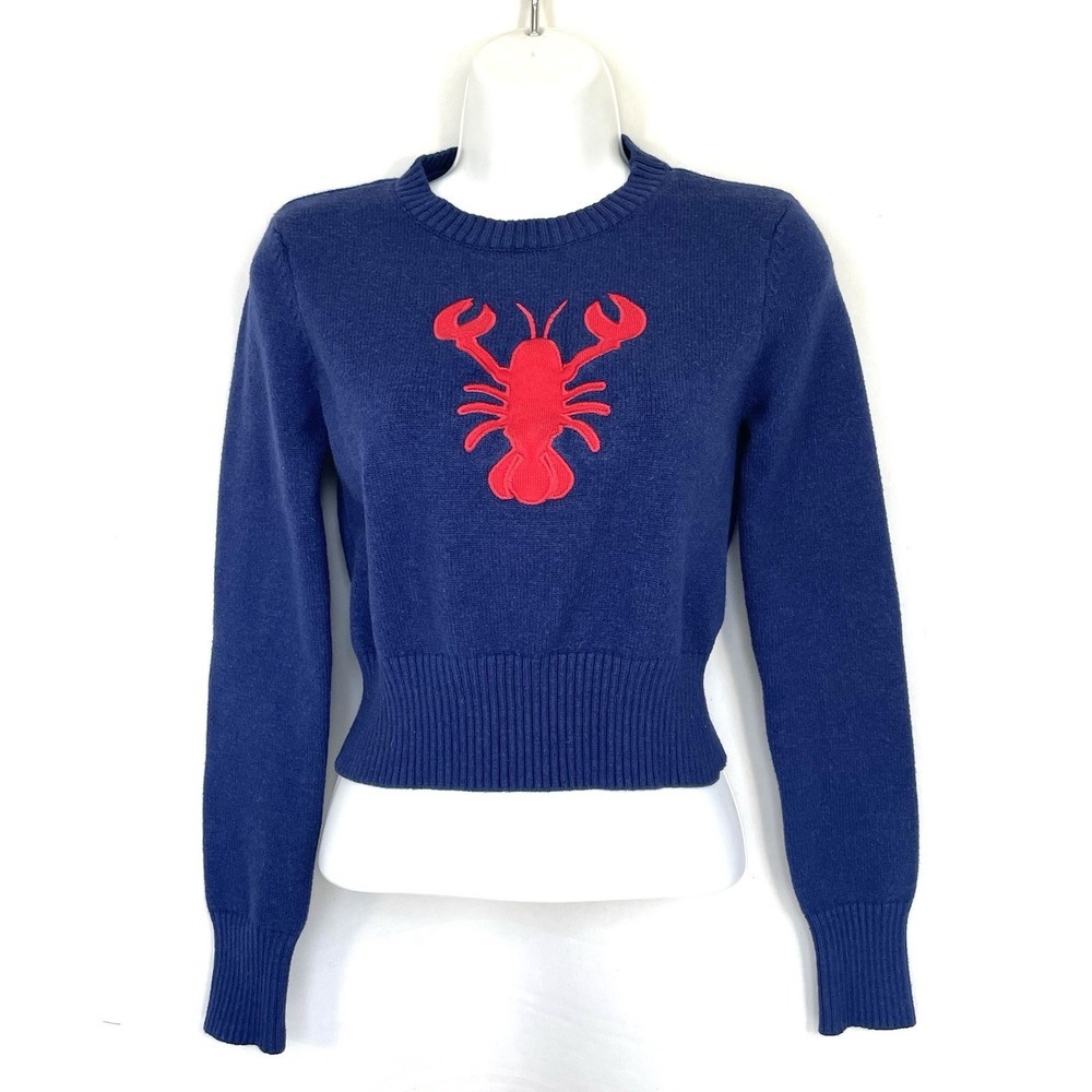 Sweet Envy Lobster Sweater Womens M Navy Blue Red Cropped Fitted Knit